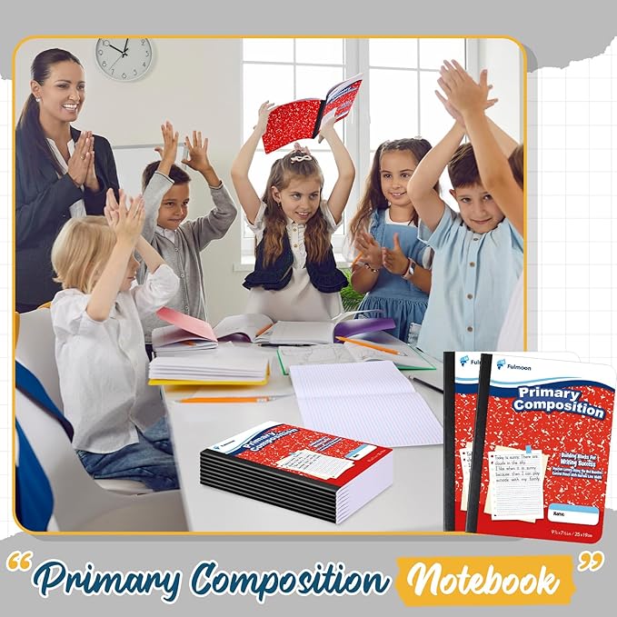 24 Pack Primary Composition Notebook,Grade K-2 Journal Wide 3 Line Ruled,80 Pages,Marble Cover,7-1/2" x 9-3/4" Primary Writing Notebook for Kindergarten Preschool,1st 2nd Grad (Red Color)