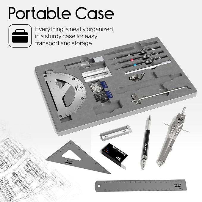 Mr. Pen- Professional Geometry Set, 17 pcs, Metal Compass, Mechanical Pencils, Rulers, Protractor & Set Squares, Lead Refills, Extra Screws & Needles, Drafting Kit for Math, Engineering & Architecture