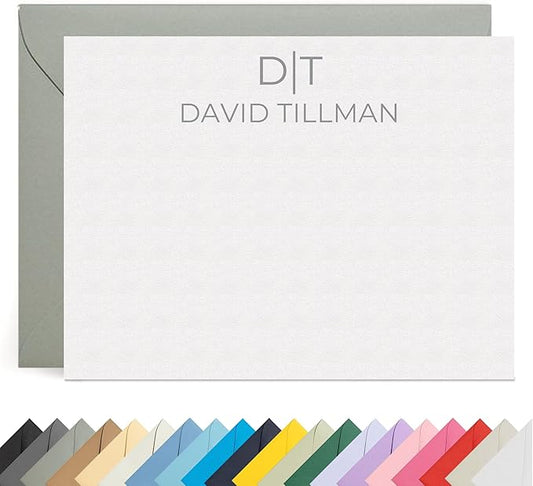 Personalized Stationery Note Cards with Envelopes – Custom Minimalist Thank You Cards, 12 Flat Note Cards & Colored Envelopes – Crush-Resistant Packaging - Folded Cards Option (Split Initial Straght)
