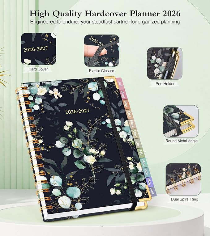 Academic Planner 2026-2027, Hardcover Weekly and Monthly Calendar Planner from July 2026 - June 2027, Daily Agenda Planners with Tabs, College School Organizer for Student Teacher, A4 (8.5" x 11"), Green Eucalyptus