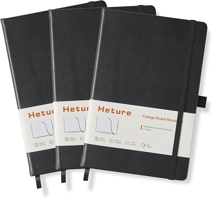 Heture Hardcover Notebooks, A5 Lined Journals Notebook for Writing 160 Pages, 8.2 x 5.5 inch, Classic Ruled Notebooks for College/Work/Travel (Lined-3 Pack, Black)