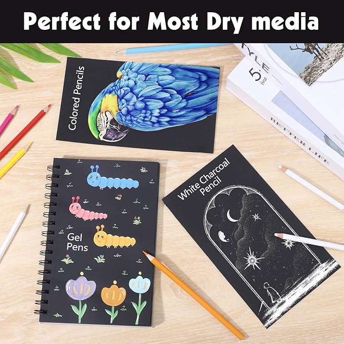 50 Sheets Black Paper Sketchbook, 108 lb/160gsm Heavyweight Black Sketch Pad 5.5×8.5in, Acid-Free Drawing Paper, Spiral Bound Sketch Book for Kids, Teens, Artist