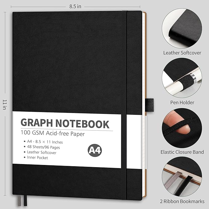 RETTACY Graph Grid Paper Notebook, 96 Pages, A4 Large Size (8.5'' x 11''), 5 Squares per Inch, Leather Softcover, 100 GSM Thick Paper, for School, Students, Math, Engineering (Black)
