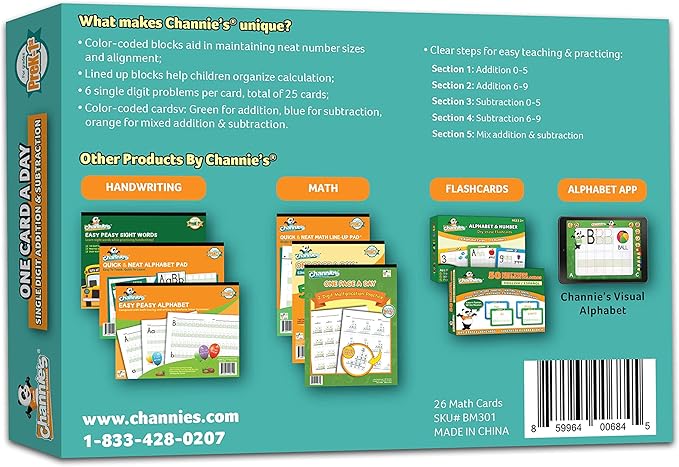 Channie’s One Card a Day Single Digit Addition and Subtraction Flash Cards, 34 Dry Erase Pre K - 1st Grade Math Flashcards for Kids, 312 Problems, Fun & Easy to Follow