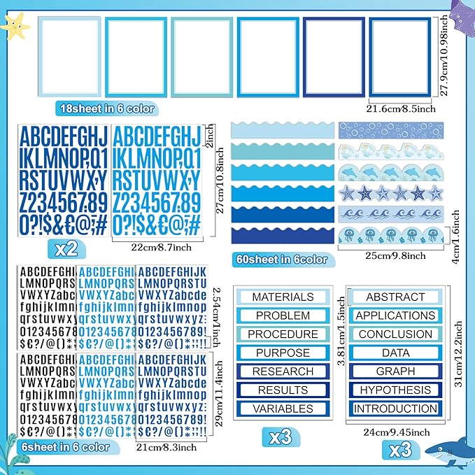 Sinload 92 Pcs Science Fair Board Supplies 60 Trim Scalloped Poster Boards 18 Presentation Subtitles 6 Project Titles 8 Letter Sticker for Classroom Display Boards (Blue,Ocean)