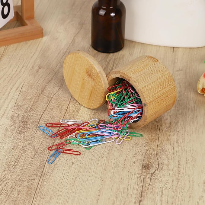 MultiBey 2 Pack Bamboo Paper Clip Holder with Swivel Lid – Natural Wood Desk Organizer for Paper Clips, Binder Clips | Wooden Paper Clip Dispenser Organizer Holder for Desk Office Supply Storage