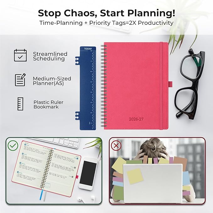 Planner 2026-2027 Daily Weekly and Monthly,8.5"x6.5",18 Months Spiral Bound Calendar Agenda with Self-adhesive Pen Holder,2026 Academic Plan with Vegan Leather Soft Cover,Rose Red