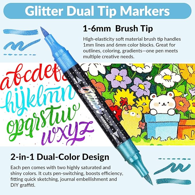 KEMYR Glitter Effect Brush Markers Pens,96 Colors Dual Tip Glitter Pens Set48 Pack Metallic Sparkle Markers for Cards, DIY Crafts, Doodle, Writing, Adults Coloring Books, Art Supplies Scrapbooking