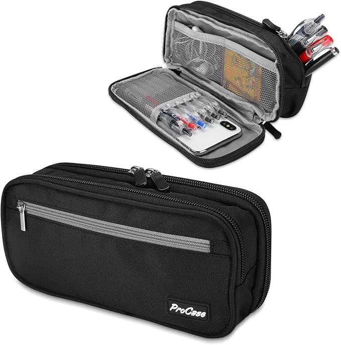 ProCase Pencil Case Pen Bag, Two Layers Big Capacity Pencil Pouch Pen Organizer Durable Stationery Holder for Marker Organization School Supplies Office Storage Desk Organizing
