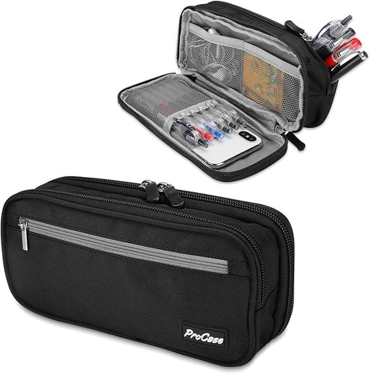 ProCase Pencil Case Pen Bag, Two Layers Big Capacity Pencil Pouch Pen Organizer Durable Stationery Holder for Marker Organization School Supplies Office Storage Desk Organizing