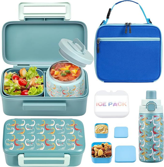 MAISON HUIS Bento Box for Kids with 8oz Soup Thermo, Insulated Lunch Bag & 17oz Water Bottle, 2-Compartment Bento Box with Built-In Ice Pack, Leak-Proof & BPA-Free