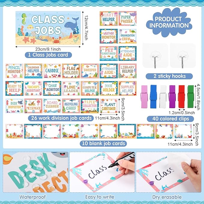 Blosssound Class Jobs Pocket Chart with 31 Cards 40 Colored Clips Classroom Teacher's Helper Management Educational Pocket Chart Bulletin Board Decorations Preschool Supplies(Ocean)