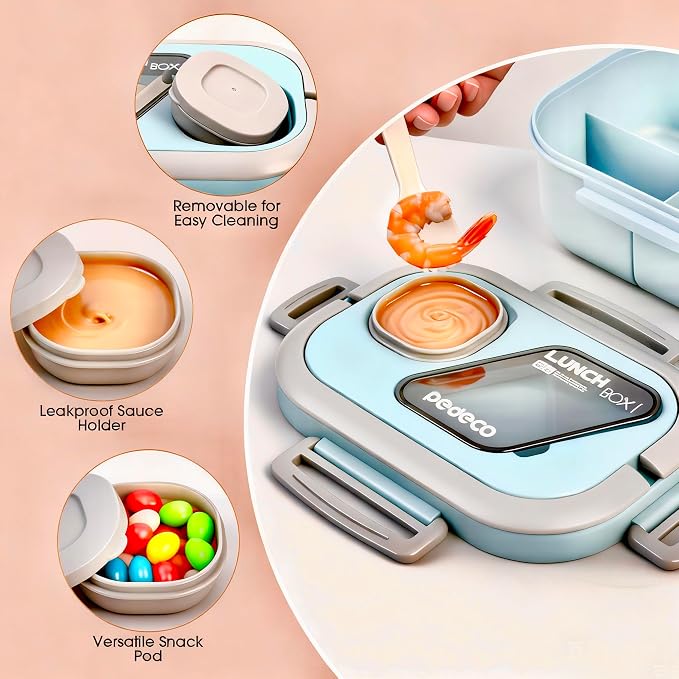 PEDECO Blue Bento Box with Bag, 2-Tier Stackable with Utensils & Sauce Box | 3 compartments prevent food mixing,Portable sauce pod included,Microwave safe,BPA-free, for adults, kid, work, travel,pinic