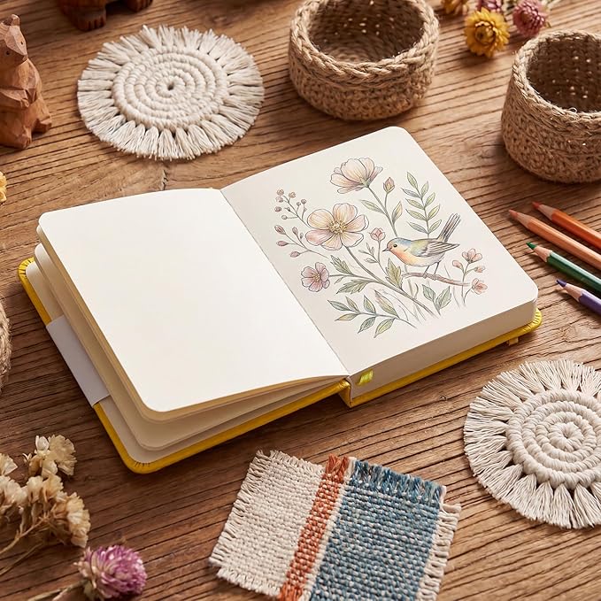 Prudiut Hardcover Pocket Sketchbook, 5" x 5" Square Mini Sketchbook, 98lb/160gsm Heavyweight Tiny Sketch Book, 80 Sheets Small Travel Drawing Journal for Adults, Artist, Ideal for Gift (Yellow)