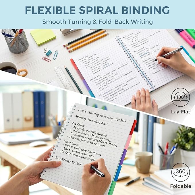 Subject Notebook Wide Ruled, 8.5x11inch Hardcover 5 Subject Lined Spiral Notebook with Dividers Tabs for School Note Taking Office Journal, 220 Pages, Black