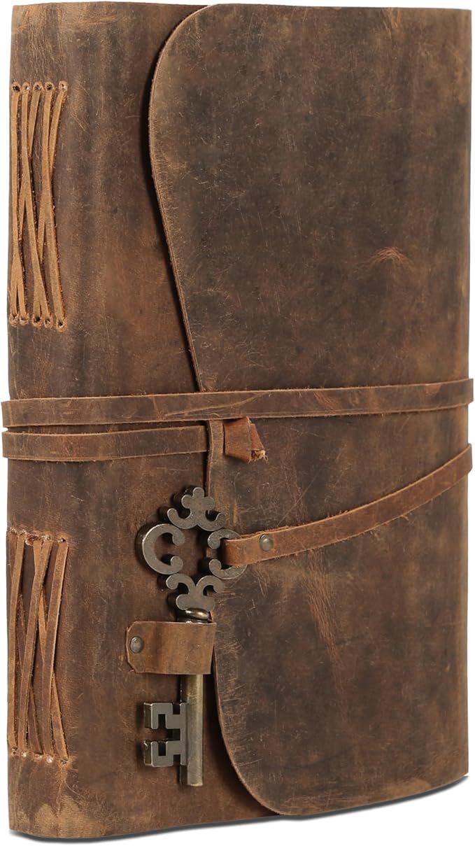 Leather Journal with Deckle Edge Paper 8x6 inch and Vintage Key | Handmade Writing Notebook Diary | Bound Daily Notepad for Men & Women Medium, Sketch/Writing pad for Artists