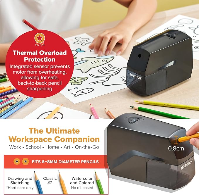 Bostitch Portable Rechargeable Battery Horizontal Pencil Sharpener Helical Blade for No.2/Colored Pencils, Black