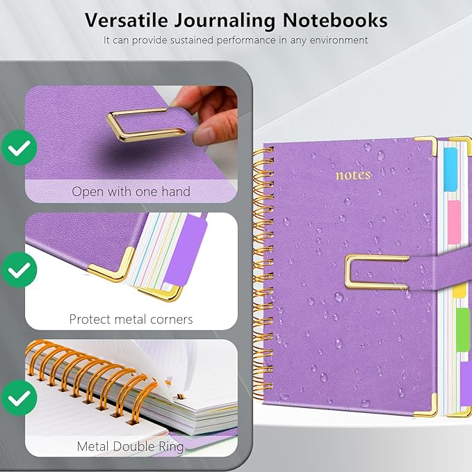 Hardcover Spiral Notebook College Ruled, 6.2"x 8.2" Leather Journal Notebook with Magnetic Closure, 300 Pages 5 Subject Notebook with Dividers Tabs Journal for Women Men, Work, School(Lavender Purple)