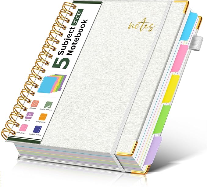 5 Subject Spiral Notebook Journal with Removable Dividers Tabs, 300 Pages Organizer Notebooks for Work School, 8"x10" Hardcover Leather Notebook College Ruled, Large Lined Journal for Women Men,White