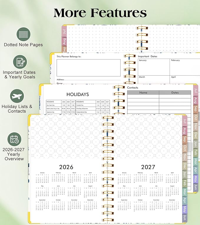 Academic Planner 2026-2027, Hardcover Weekly and Monthly Calendar Planner from July 2026 - June 2027, Daily Agenda Planners with Tabs, College School Organizer for Student Teacher, A4 (8.5" x 11"), Blue Floral