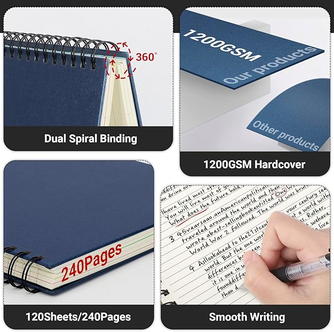 EUSOAR 5 Subject Notebook, 1pcs A5 5.5"x8.3" Spiral College Ruled Writing Pad, 100GSM 120Sheets/ 240Pages of Lined Paper, Thick Hardcover, for Journal Students, Office and Business, Royal Blue