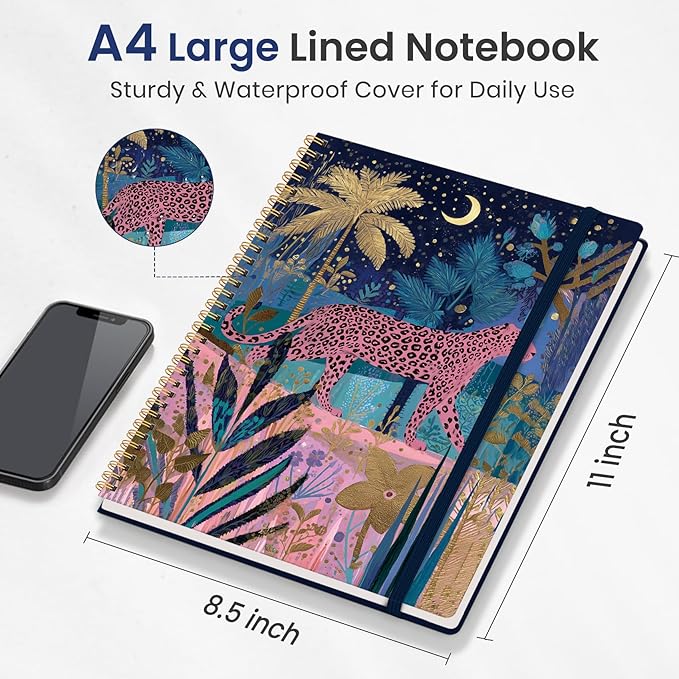 Taja Large Spiral Lined Journal for Women, 8.5" x 11" Notebooks for Work Collge Ruled, A4 Aesthetic Cute Journaling Notebooks for Writing, Plastic Cover, Midnight Jungle