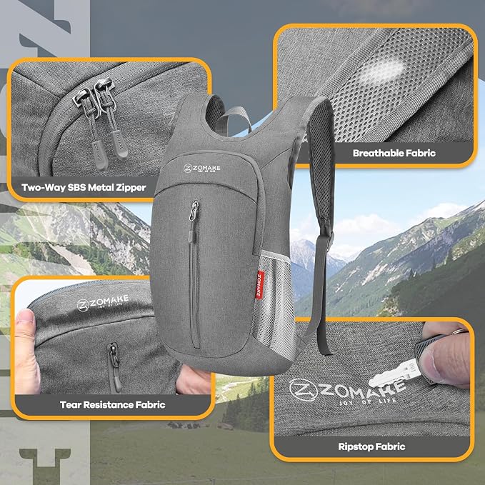 ZOMAKE 10L Ultra Lightweight Packable Backpack, Small Daypack Light Foldable Backpacks Water Resistant Day Bag for Hiking(Grey) | Water Resistant Collapsible Backpacks for Women Men, Everyday Carry, Multi Compartment Storage, Adjustable Strap(Grey A1)