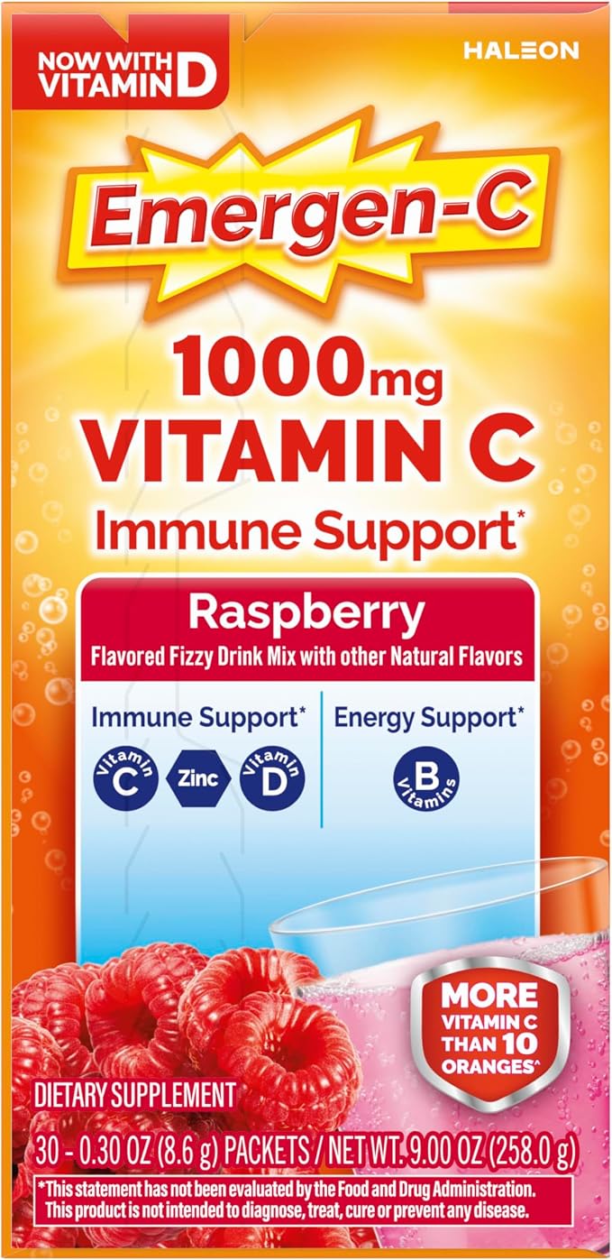 Emergen-C 1000mg Vitamin C Immune Support Powder Raspberry 30CT Includes Zinc, Manganese, 7 B Vitamins and Electrolytes for Back to School Essentials (Pack of 12)