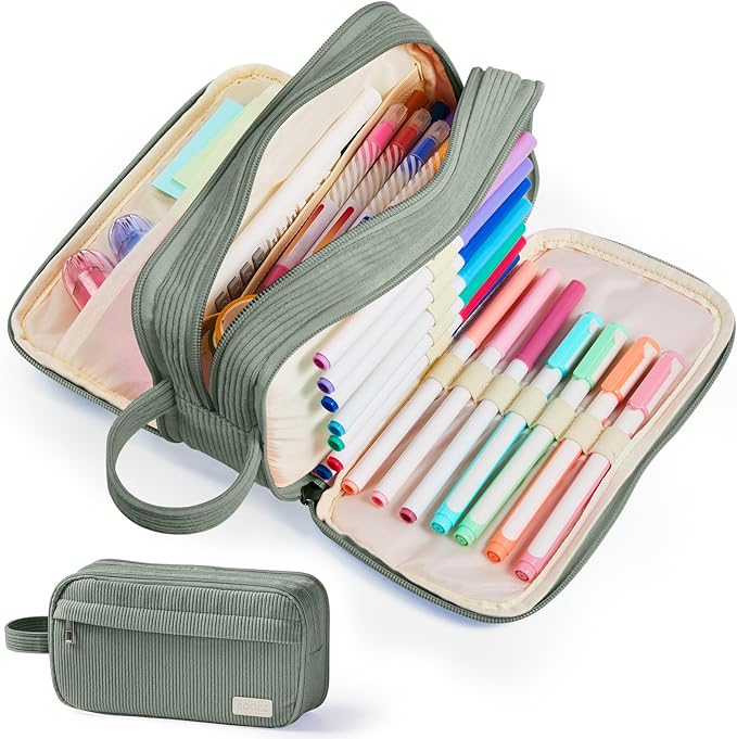 Sooez High Capacity Pencil Case, Soft Corduroy Pencil Pouch with 4 Compartments, Multiple Pockets, Large Bag with Sturdy Zipper, Cute Case Pouch Organizer for Student Teen Girls, Dark Green