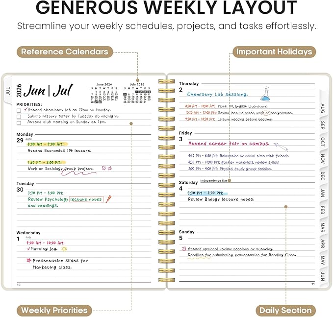Planner 2026-2027, 8.5" x 11" Weekly and Monthly Academic Year Planner Calendar, July 2026 - June 2027, Hardcover Large School Planning Agenda With Tabs, Perfect for School & Office Supplies, A4, Beige