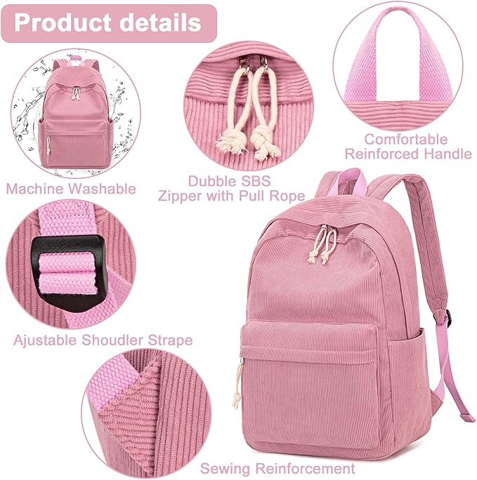 BTOOP School Backpack for Teens Large Corduroy Bookbag Lightweight 15.6 inch Laptop Bag for Girls Women Casual High School College