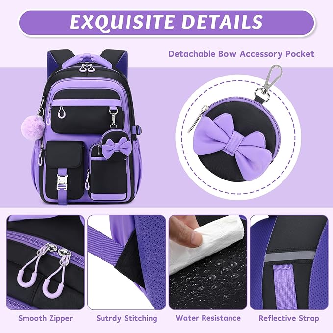 MUSEVOS Kids Teenage Girls Backpack, Elementary/Middle/High Schoolbag, Multi-Compartment Water-resistant Cute Bookbag, 17inch