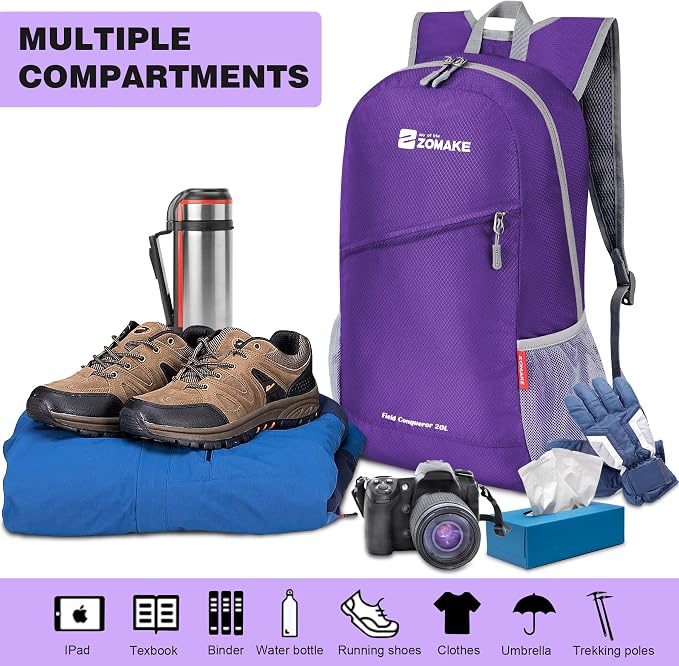 ZOMAKE Lightweight Packable Backpack 20L, Foldable Small Daypack for Hiking | Water Resistant Backpacks Day Bag for Travel Outdoor Camping Sport, Everyday Carry, Multi Compartment Storage(Purple)