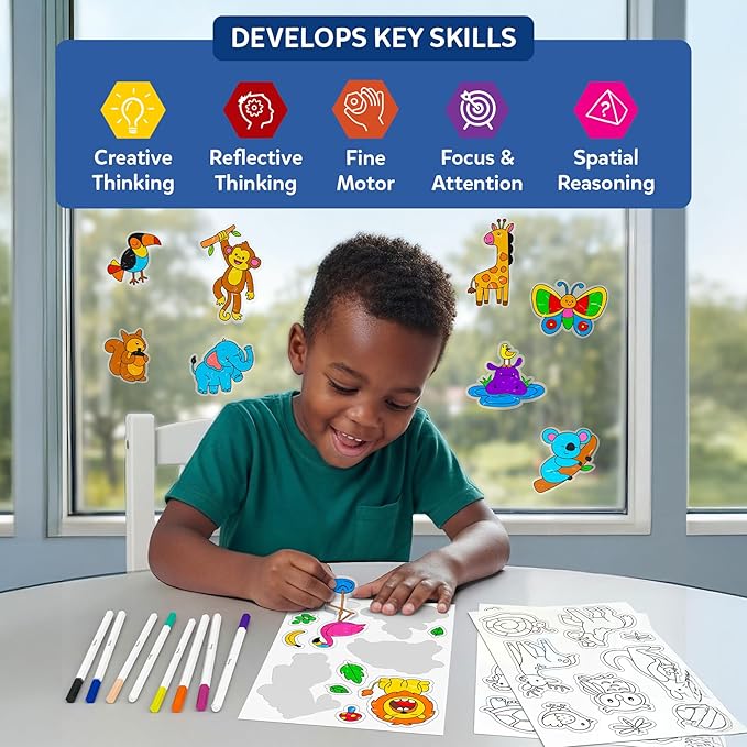 Skillmatics Cling Art – Color Clingz Animals, 50+ Reusable Static Stickers, Mess-Free Fun for Kids, DIY Craft Kits & Supplies, Travel Toys, Creative Gifts for Boys and Girls Ages 3, 4, 5, 6, 7