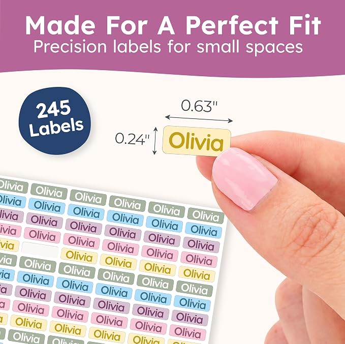 Small Custom Name Labels for Kids (245 Stickers) - Personalized & Waterproof Labels for School Supplies, Daycare, Sleepaway Camp & Clothing Tags - Pastel