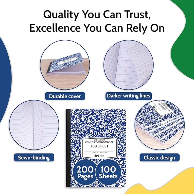 48 Pack - EPI Wide Ruled Marble Composition Notebook - Blue 200 Page Note Book - 9.75 x 7.5 Inch Hardcover Journal with Sewn Binding for Secure Pages - Classroom Back to School Supplies