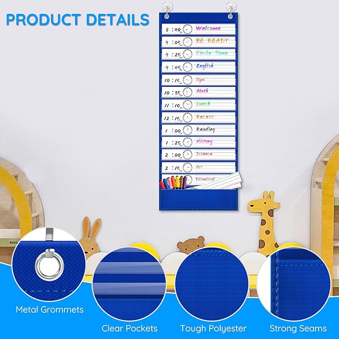 ZKOO Daily Schedule Pocket Chart, 13+1 Pocket Visual Schedule with 18 Double-Sided Reusable Dry-Erase Cards, Teaching Scheduling Pocket Charts for Classroom, Homeschool, Special Education (Blue)
