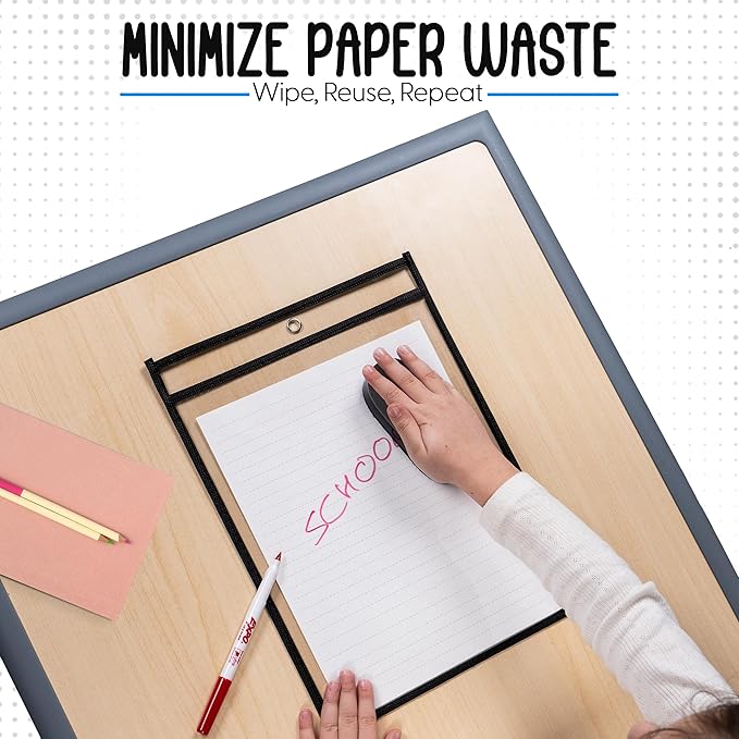Essex Wares - 6 Pack, Black, Dry Erase Pocket Document Protectors, 10" Wide x 13.5" Tall - Dry Erase Clear Plastic Sleeves - Reusable & Easy Erase Plastic Invoice Holders, Water-Resistant & Durable