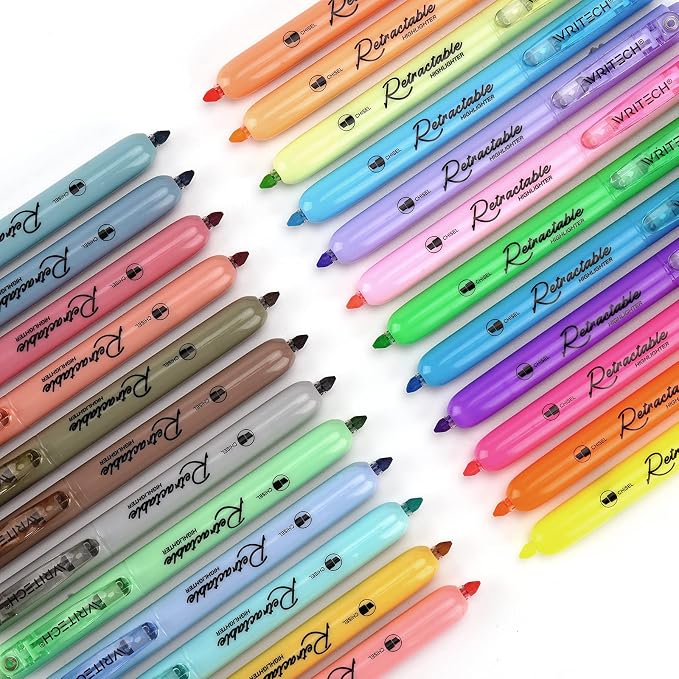 WRITECH Retractable Highlighters Chisel Tip: Assorted Colors 24ct Set | Multi Color Ink Mild Vintage Neon Pastel Big Pack No Bleed & Smear for Highlighting Journaling Drawing Coloring Note-taking