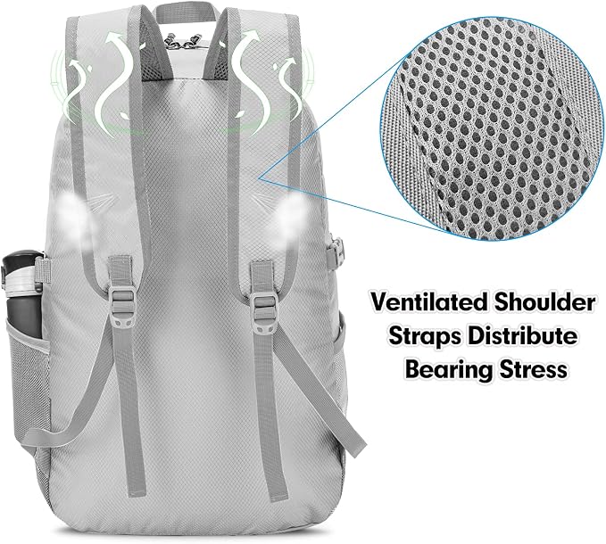 ZOMAKE Lightweight Packable Backpack, 35L Foldable Daypack (Silver Grey) | Light Hiking Backpacks Water Resistant Collapsible Day Pack for Travel, Everyday Carry, Multi-Pocket Layout, Heavy Duty Nylon