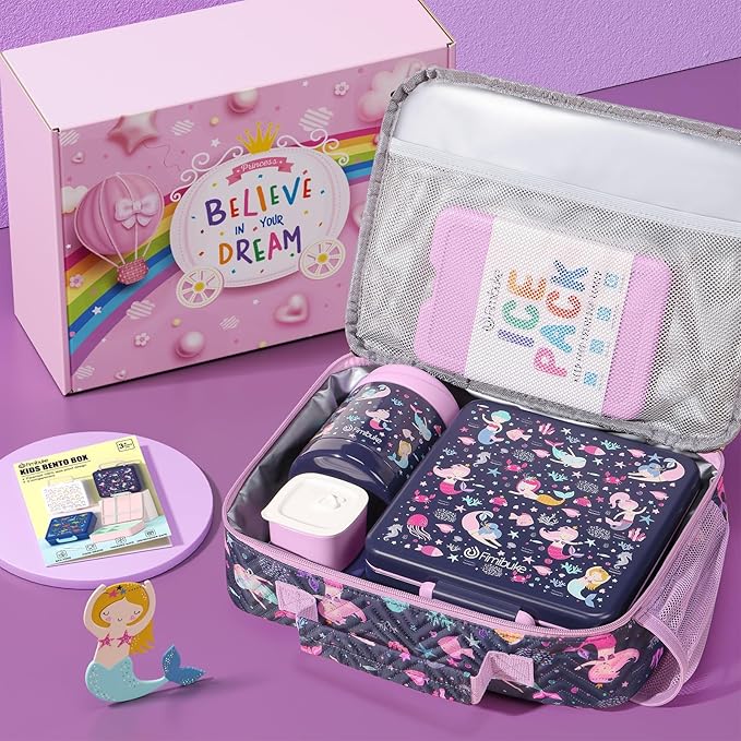 Fimibuke Kids Bento Snack Lunch Box with 4 Compartment, Insulated Lunch Bag, Stainless Steel Vacuum Thermo Food Jar, Ice Pack, Utensils Set, Birthday Gifts for Age 3-12 Back to School Toddler Girl Boy