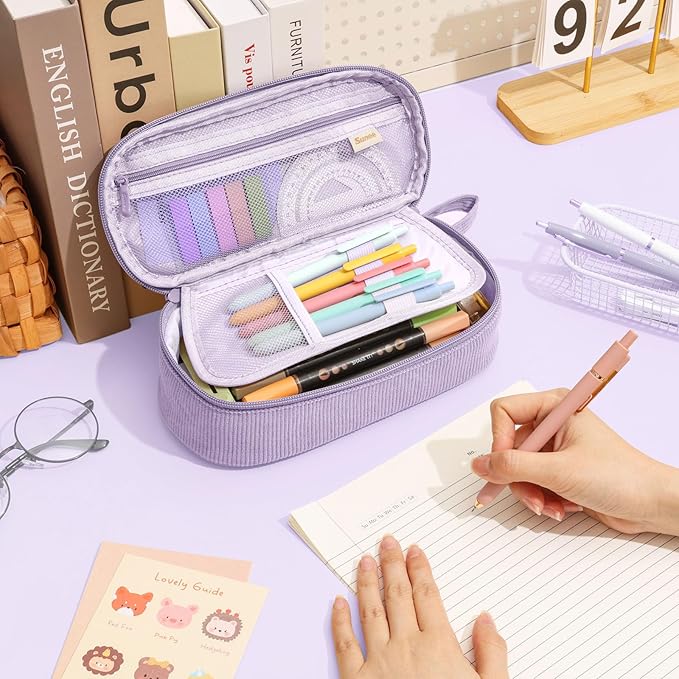 SUNEE Cute Pencil Case, Large Capacity Pencil Pouch, Soft Corduroy Pencil Bag, Big Storage Pen Organizer for Stationery, Aesthetic Zipper Pencil Box, Back to School Supplies for Teen Girls Boy, Purple