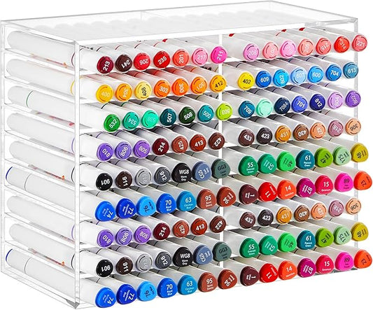 MotiMind Acrylic Marker Organizer for 126 Marker, Large Art Pencil Holder Storage Rack for Desk, Pens Art Brushes Display Stand with 18 Compartments for Desktop, Office (clear, 126 Capacity)