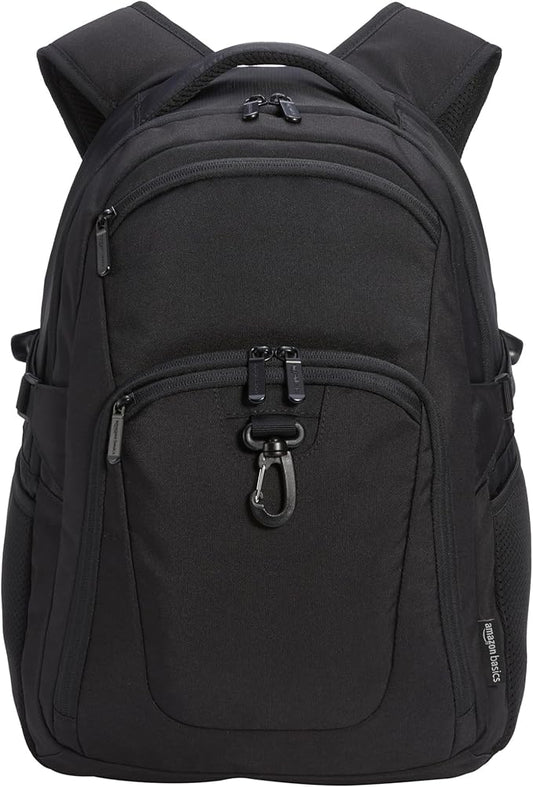 Amazon Basics Travel Laptop Backpack with Multiple Pockets and Compartments for 15.6 inch Laptop, Water Resistant, Spacious with Padded Shoulder Straps, Black | for 15.6 inch Laptop