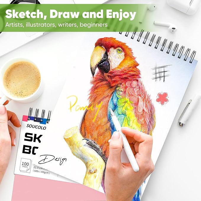 Soucolor Cute Sketchbook 9" x 12" for Women, 1-Pack 100 Sheets Spiral Notebook Drawing Pad, Pastel Art Supplies for Artists, Arts and Crafts Gifts Set for Adults