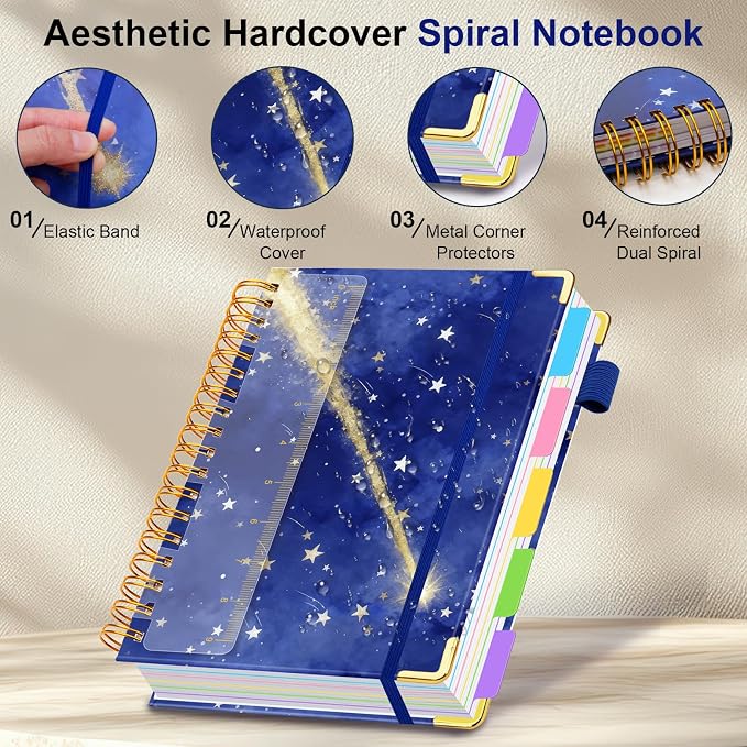 Spiral Journal Notebooks for Work, 300 Pages 5 Subject Notebook College Ruled with Dividers & Tabs, A4 Notebook Journal for Women Students Note-Taking and Organizer (Starlit Meteor)