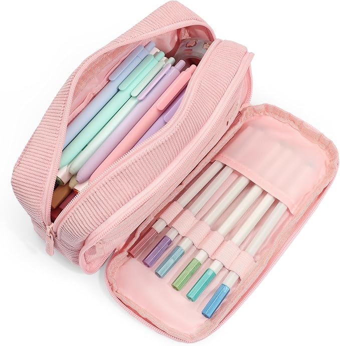 SUNEE Pencil Case, Large Capacity Pencil Pouch, Aesthetic Big Pen Bag, Soft Corduroy Pen Box for Office Stationery Organizer School Supplies Multifunctional for Teen Boys Girls Women Men, Soft Pink