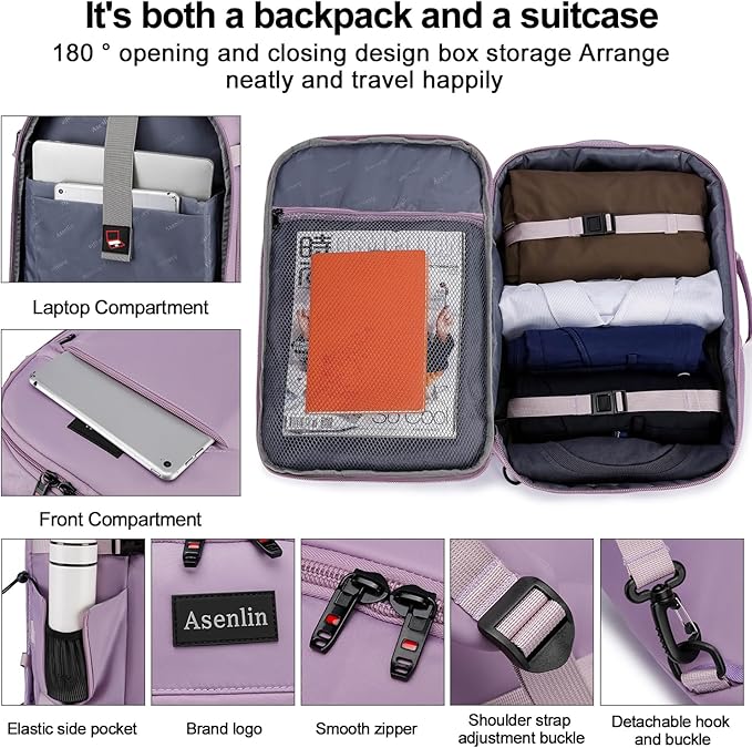 Asenlin Travel Backpack for Women Men,Flight Approved Carry On Luggage 40L Water Resistant Business Laptop Backpacks Fits TSA 17.3 Inch Computer College Weekender Outdoor Hiking-Purple