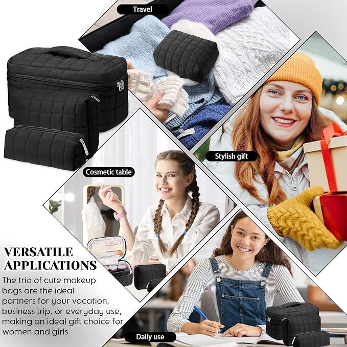 Huhumy 3 Pcs Large Puffy Makeup Bag Set Quilted Cosmetic Pouch for Women Cute Checkered Travel Toiletry Bag Puffer Makeup Organizer Purse Pouch Preppy Pencil Case with Zipper Valentine Gift(Black)