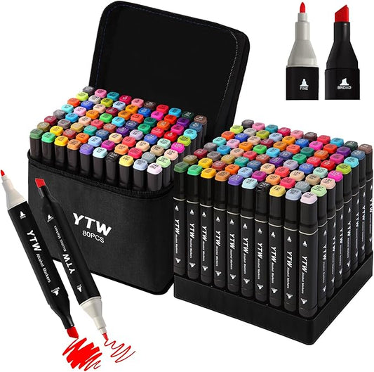YTW Alcohol Markers, 80 Colors Dual Tip Art markers, Drawing Markers, Coloring Marker for Adults Coloring Drawing, Chisel & Fine